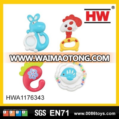 Hot selling plastic cartoon tambourine baby toy shaking rattle(4pcs)